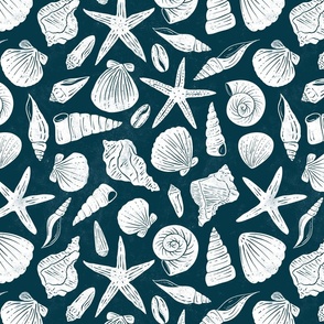 Textured Ocean Seashells - medium scale - dark blue and cream