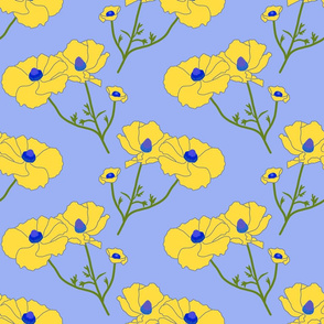 Floating Oriental Floral - buttercup yellow on periwinkle, medium to large 