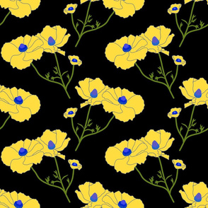 Floating Oriental Floral - buttercup yellow on black, medium to large 