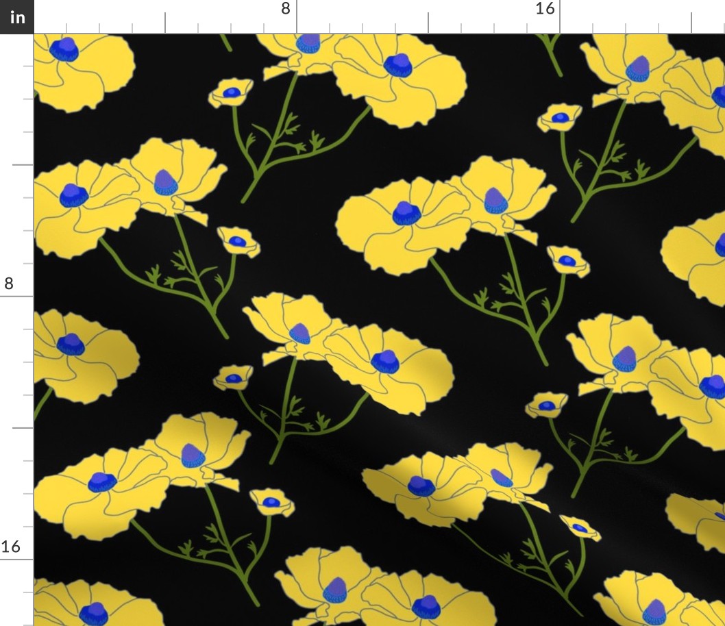 Floating Oriental Floral - buttercup yellow on black, medium to large 
