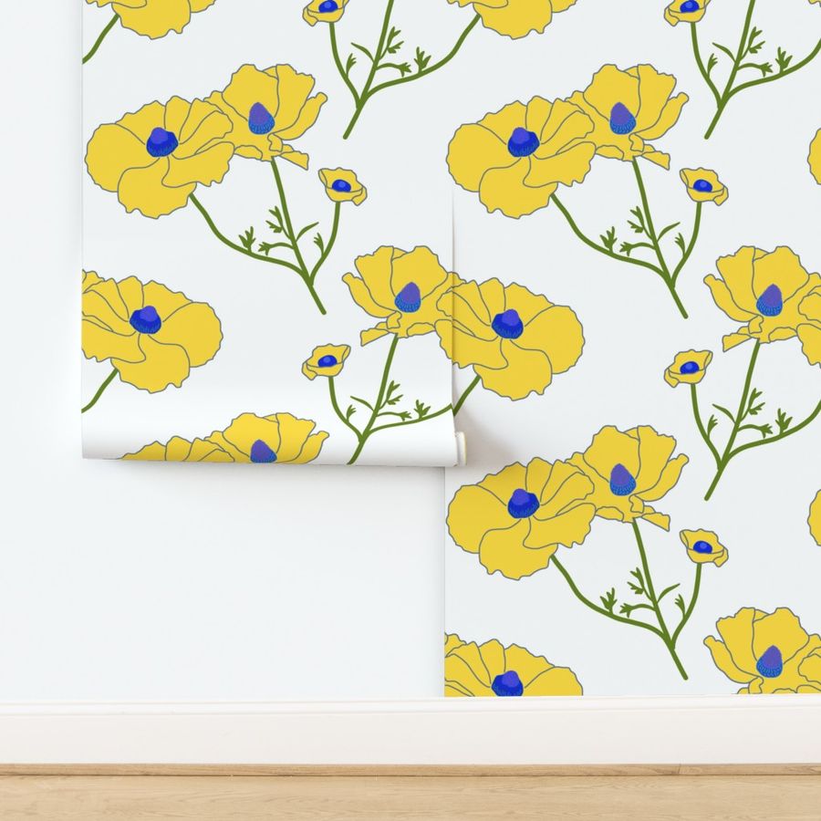 Floating Oriental Floral - buttercup yellow on white, medium to large 