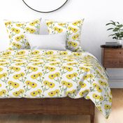 Floating Oriental Floral - buttercup yellow on white, medium to large 