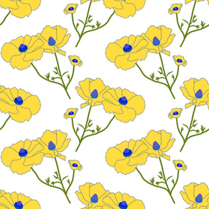 Floating Oriental Floral - buttercup yellow on white, medium to large 