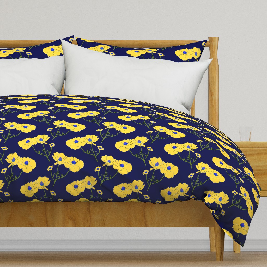 Floating Oriental Floral - buttercup yellow on midnight blue, medium to large 