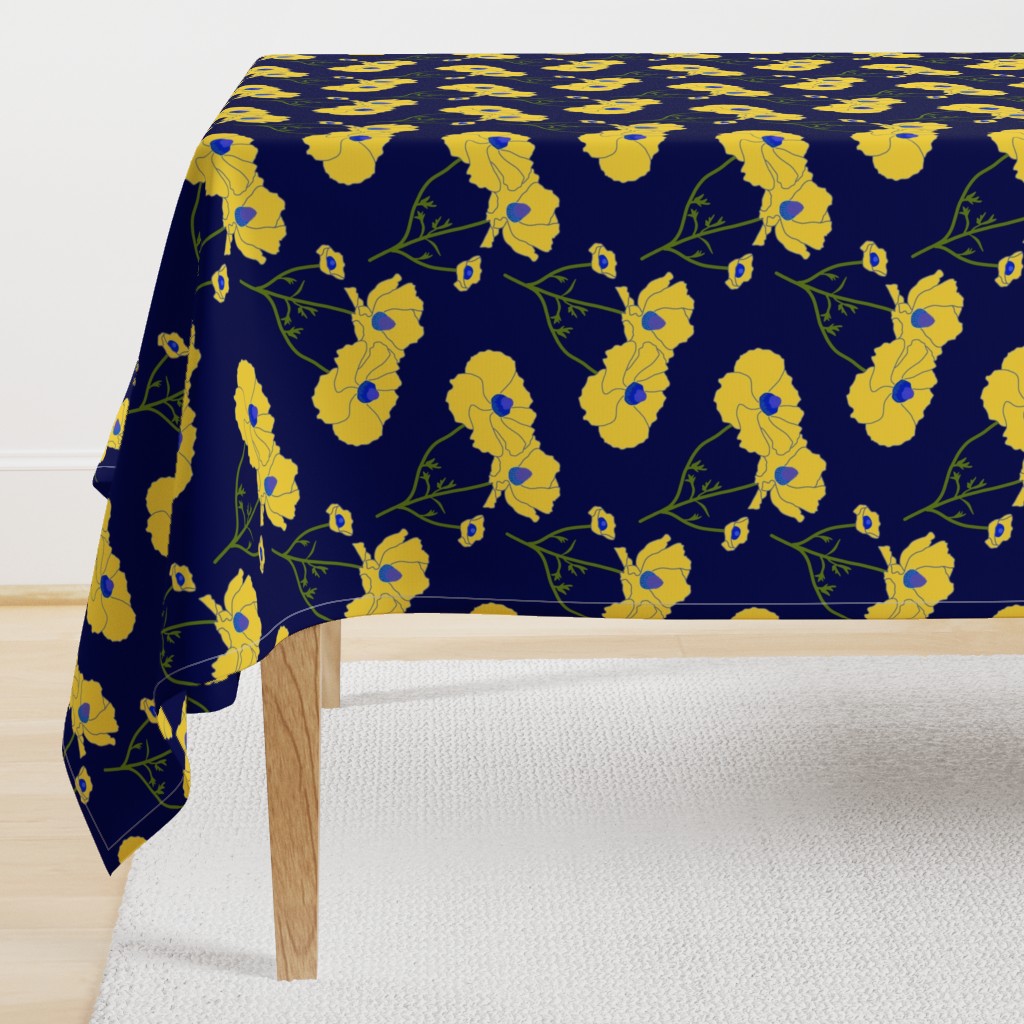 Floating Oriental Floral - buttercup yellow on midnight blue, medium to large 