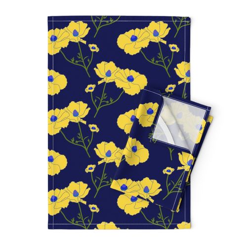 Floating Oriental Floral - buttercup yellow on midnight blue, medium to large 