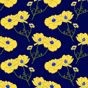 Floating Oriental Floral - buttercup yellow on midnight blue, medium to large 