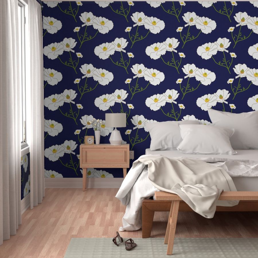 Floating Oriental Floral - snow white on midnight blue, medium to large 