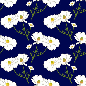 Floating Oriental Floral - snow white on midnight blue, medium to large 
