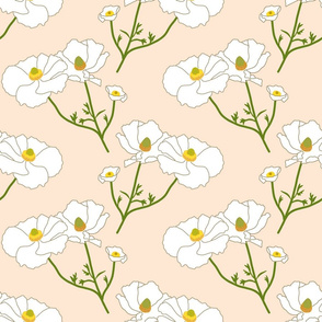 Floating Oriental Floral - snow white on beige cream, medium to large 