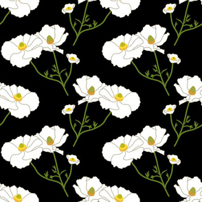 Floating Oriental Floral - snow white on black, medium to large 
