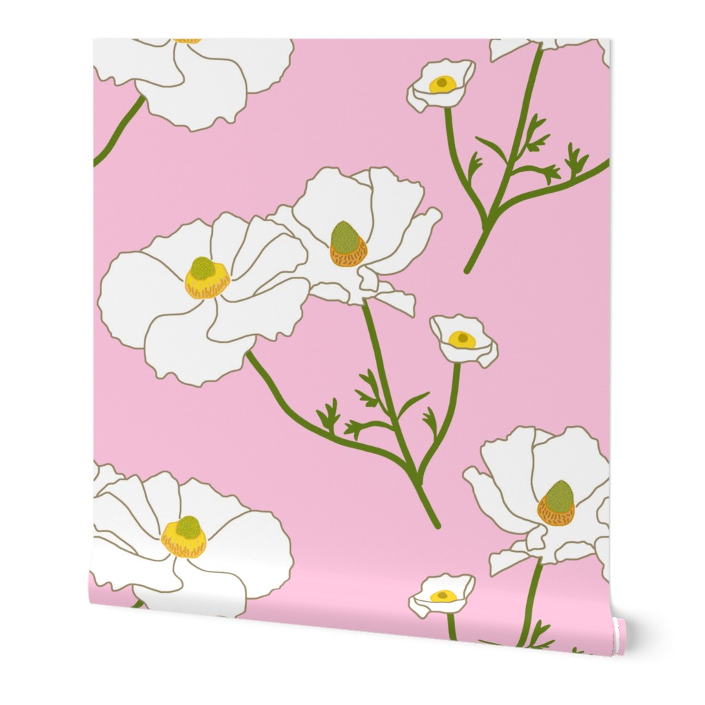 Floating Oriental Floral - snow white on baby pink, medium to large 