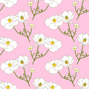 Floating Oriental Floral - snow white on baby pink, medium to large 