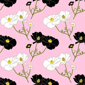 Floating Oriental Floral - black and white on baby pink, medium to large 