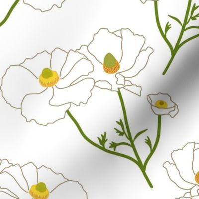 Floating Oriental Floral - snow white on white, medium to large 