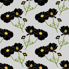 Floating Oriental Floral - onyx black on silver grey, medium to large 