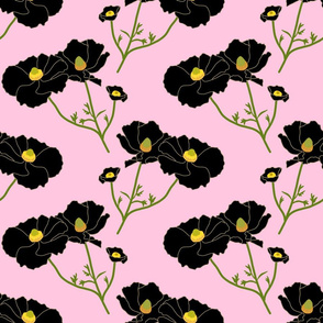 Floating Oriental Floral - onyx black on baby pink, medium to large 