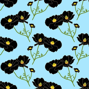 Floating Oriental Floral - onyx black on sky blue, medium to large 