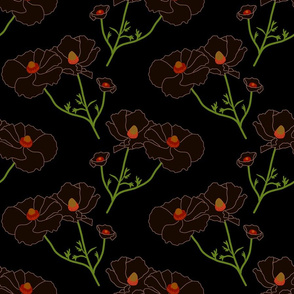 Floating Oriental Floral - deep garnet on black, medium to large 