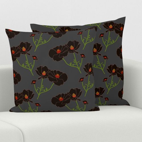 Floating Oriental Floral - deep garnet on charcoal grey, medium to large 