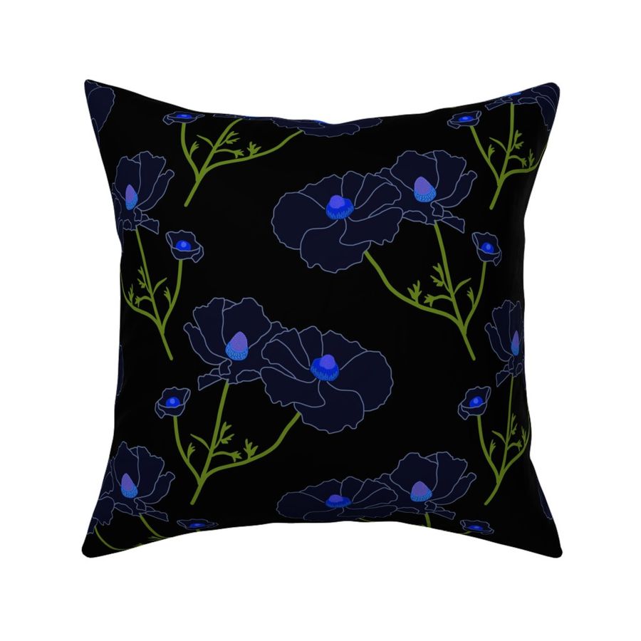 Floating Oriental Floral - deep sapphire on black, medium to large 