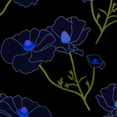 Floating Oriental Floral - deep sapphire on black, medium to large 