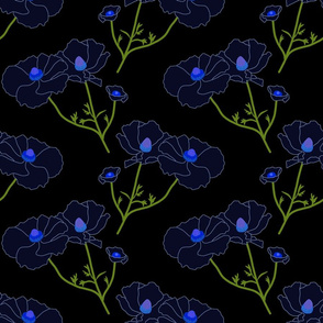 Floating Oriental Floral - deep sapphire on black, medium to large 