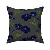 Floating Oriental Floral - deep sapphire on charcoal grey, medium to large 