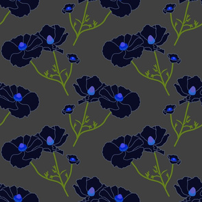 Floating Oriental Floral - deep sapphire on charcoal grey, medium to large 