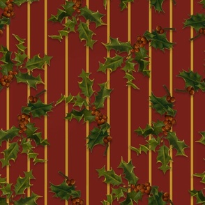 VINTAGE CHRISTMAS HOLLY BERRY - GREEN AND RED ON STRIPES