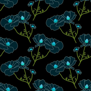 Floating Oriental Floral - deep turquoise on black, medium to large 