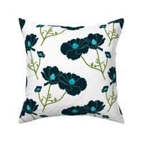 Floating Oriental Floral - deep turquoise on white, medium to large 