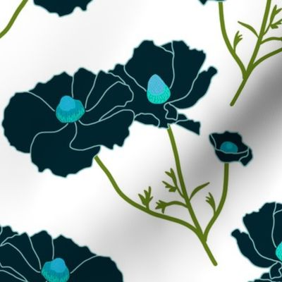 Floating Oriental Floral - deep turquoise on white, medium to large 