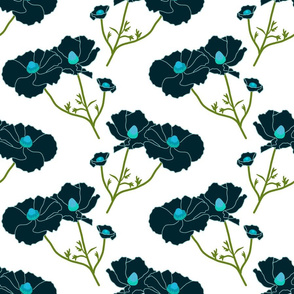 Floating Oriental Floral - deep turquoise on white, medium to large 