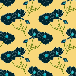 Floating Oriental Floral - deep turquoise on blush golden sand, medium to large 