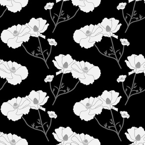 Floating Oriental Floral - silver white on black, medium to large 