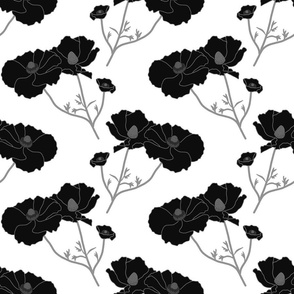 Floating Oriental Floral - silver black on white, medium to large 