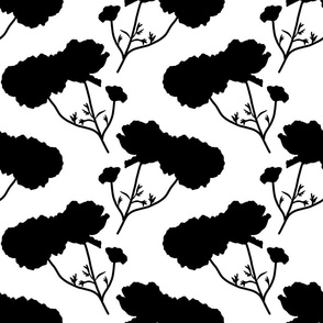 Floating Oriental Floral - black silhouettes on white, medium to large 