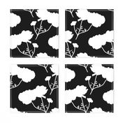 Floating Oriental Floral - white silhouettes on black, medium to large 