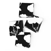 Floating Oriental Floral - white silhouettes on black, medium to large 