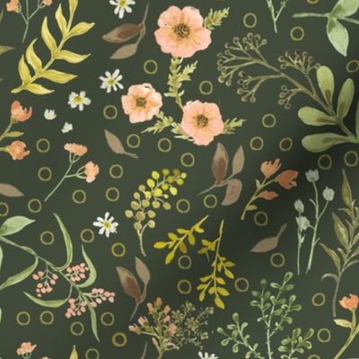 Coral Pink Flowers on Dark Green Floral