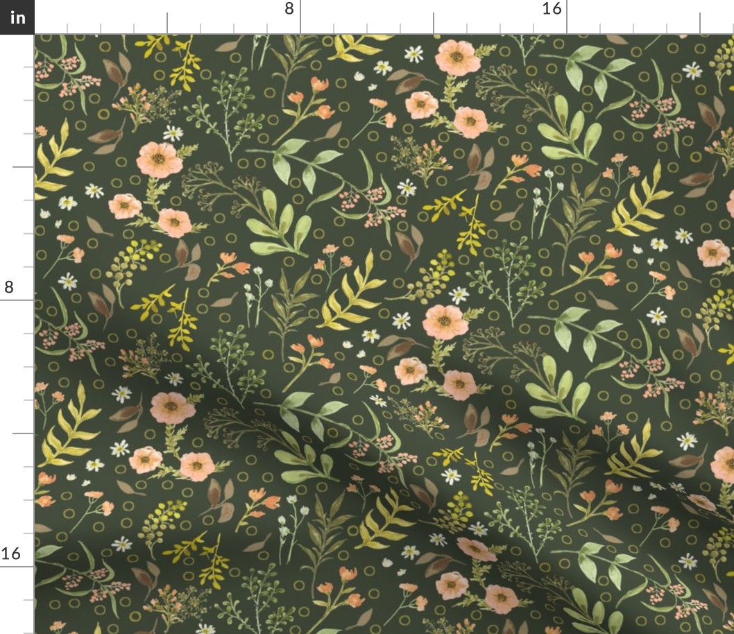 Coral Pink Flowers on Dark Green Floral