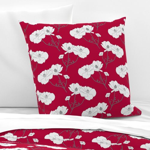 Floating Oriental Floral - silver white on ruby, medium to large 