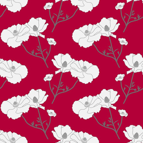 Floating Oriental Floral - silver white on ruby, medium to large 