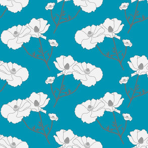 Floating Oriental Floral - silver white on turquoise, medium to large 