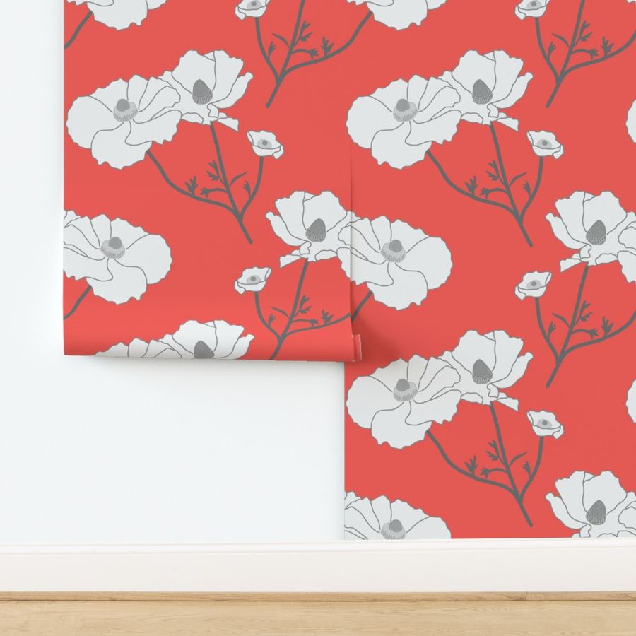 Floating Oriental Floral - silver white on coral, medium to large 