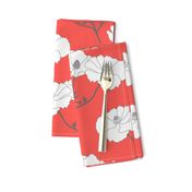 Floating Oriental Floral - silver white on coral, medium to large 