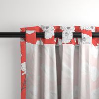 Floating Oriental Floral - silver white on coral, medium to large 