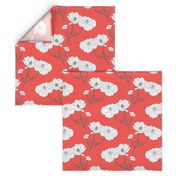 Floating Oriental Floral - silver white on coral, medium to large 