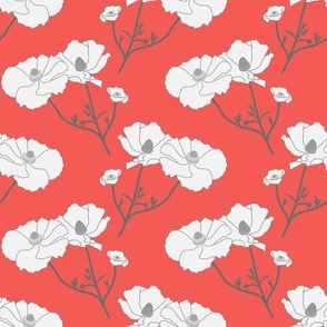 Floating Oriental Floral - silver white on coral, medium to large 